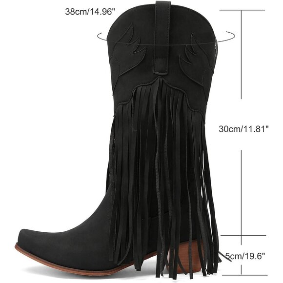 Women's Black Fringe Cowboy Boots Square Toe Mid Calf Embroidered Western Boots - Picture 2 of 6